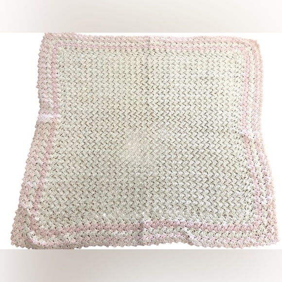 Vintage Pink White Afghan Blanket Throw 36" x 36" Baby Afghan Handmade - Picture 4 of 5